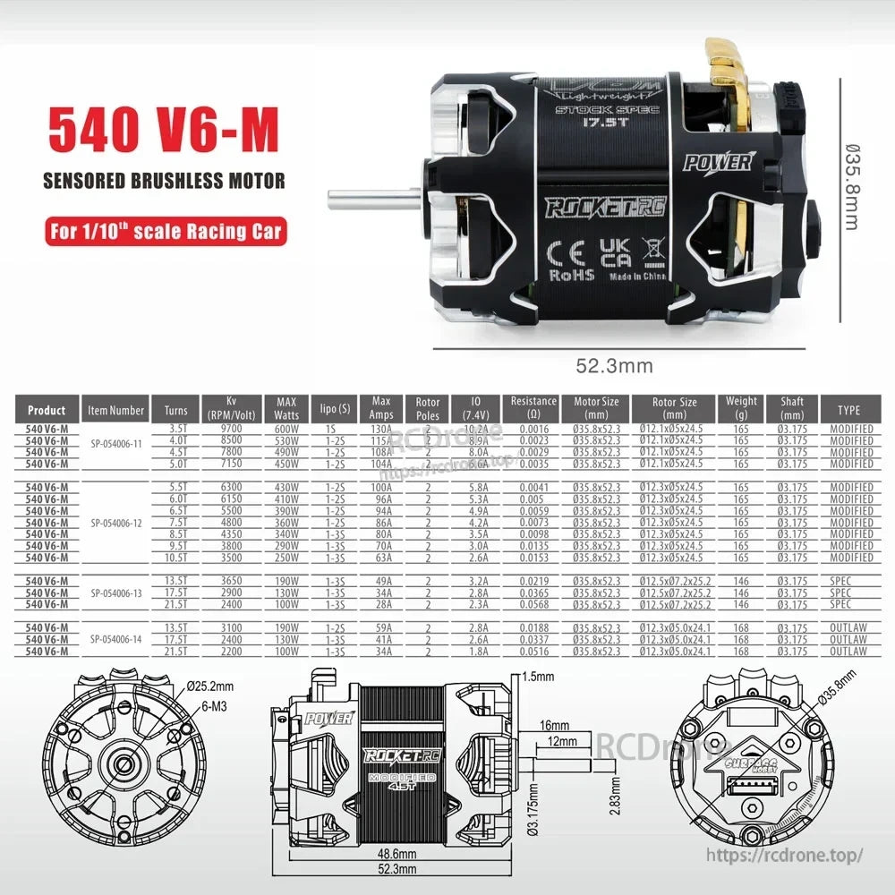 Rocket-RC 540 V6-M motor dimensions, mounting drawing and wind option specification table