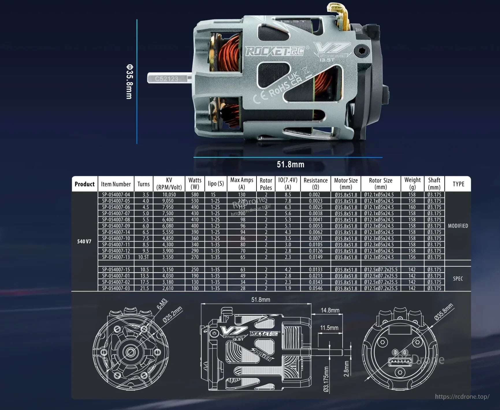 Rocket-RC 540 V7 Sensored Brushless Motor with dimensional drawing and turn-rating specifications