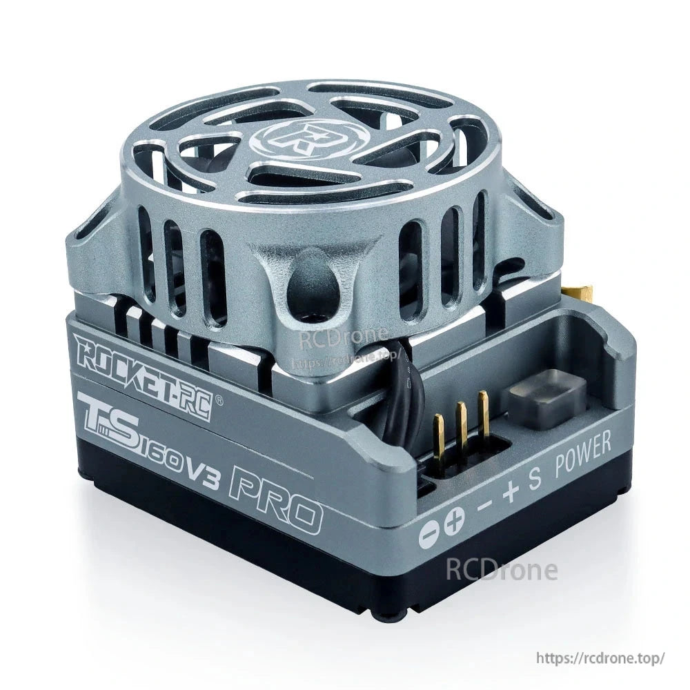 TS160 V3 Pro electronic speed controller with cooling fan and labeled power connections