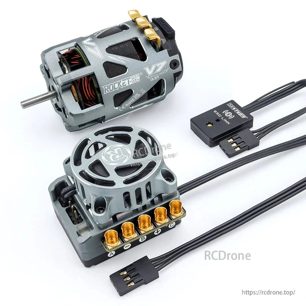Brushless motor, fan-cooled ESC, and ESC Link module shown with sensor and power cables