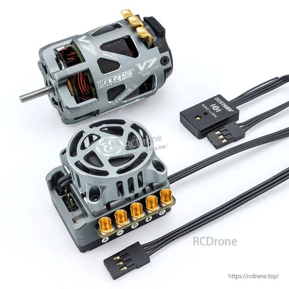 Brushless motor, fan-cooled ESC, and ESC Link module shown with sensor and power cables