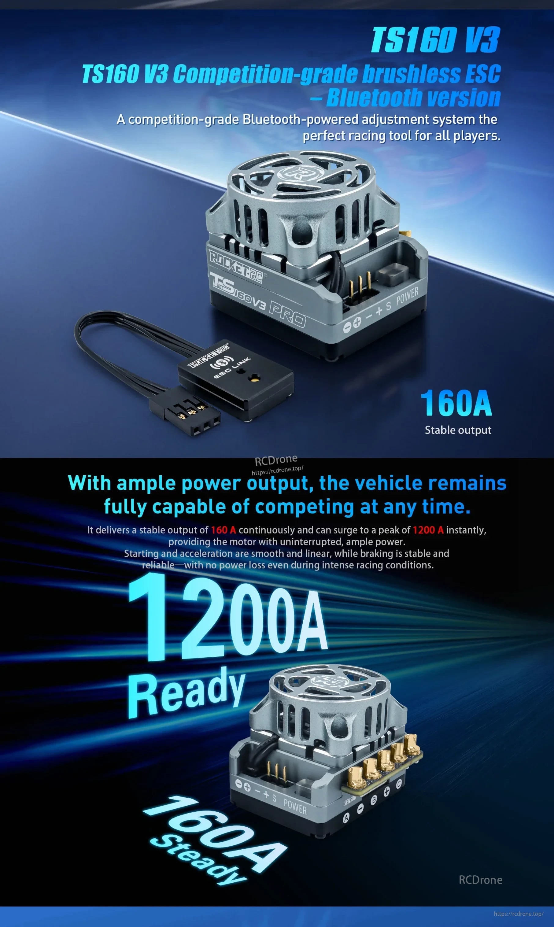TS160 V3 competition-grade brushless ESC rated for 160A continuous and 1200A peak current