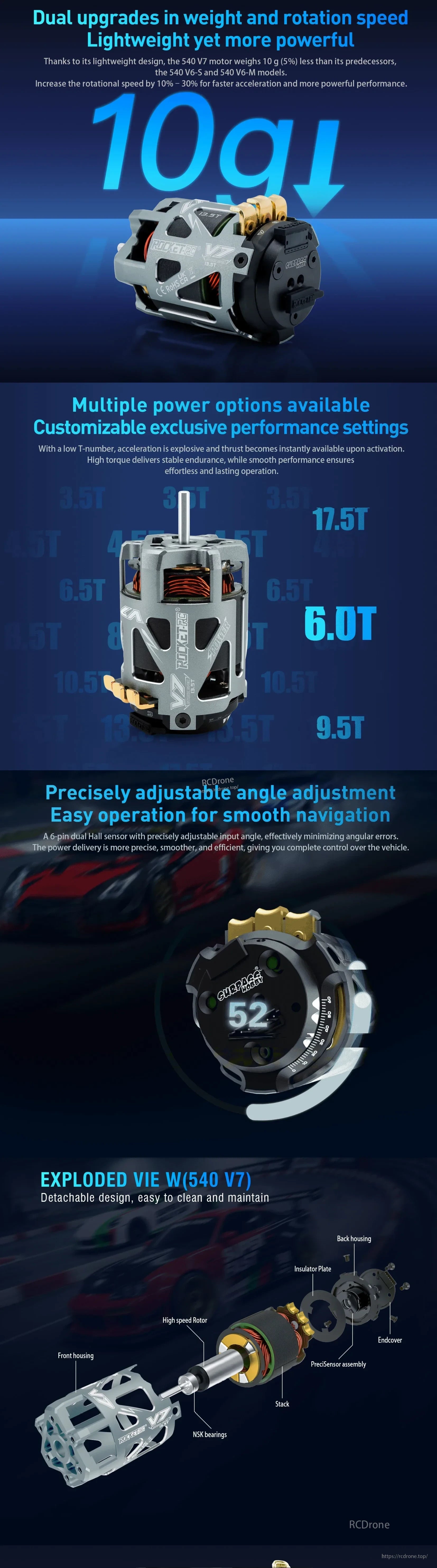 Rocket-RC 540 V7 sensored motor features, turn-rating options and exploded rotor assembly