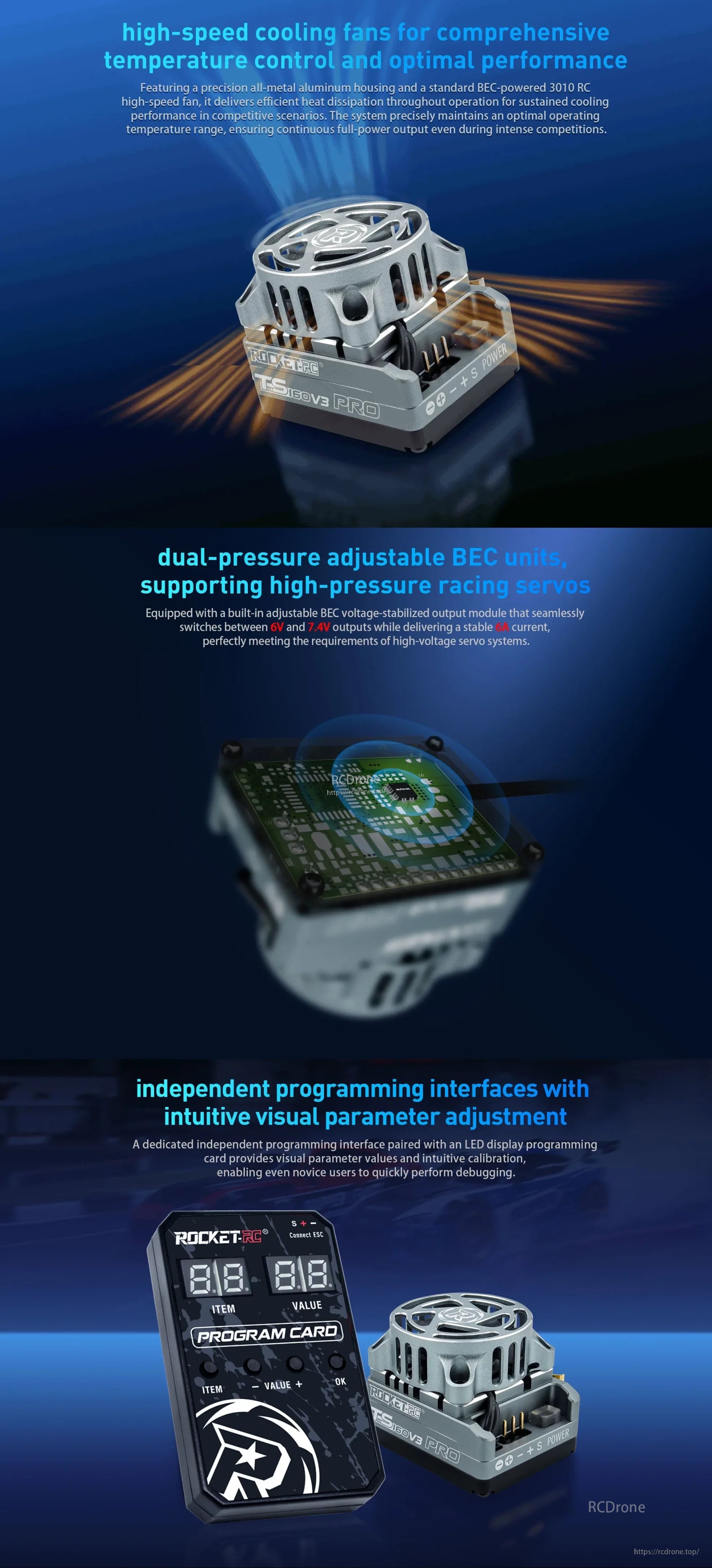 TS160 V3 ESC cooling fan, adjustable BEC output and programming card connection