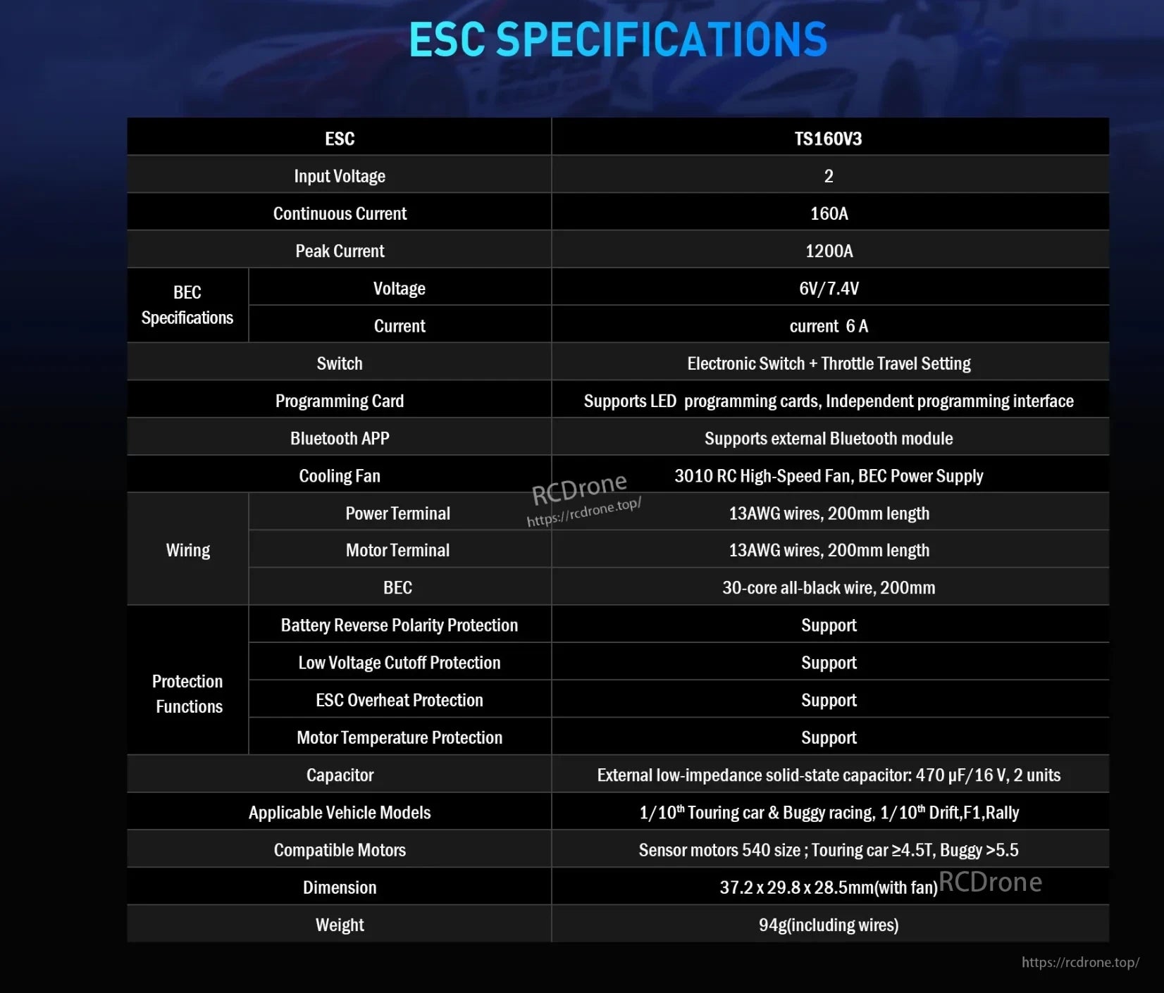 TS160 V3 160A brushless ESC specification table with BEC, cooling fan, wiring and protection details