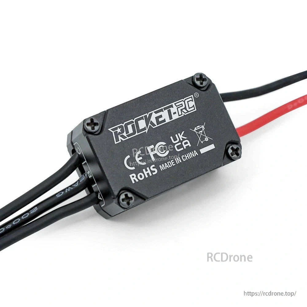 Rear label of Rocket-RC MINI24 PRO ESC showing CE, UKCA, RoHS, and disposal markings