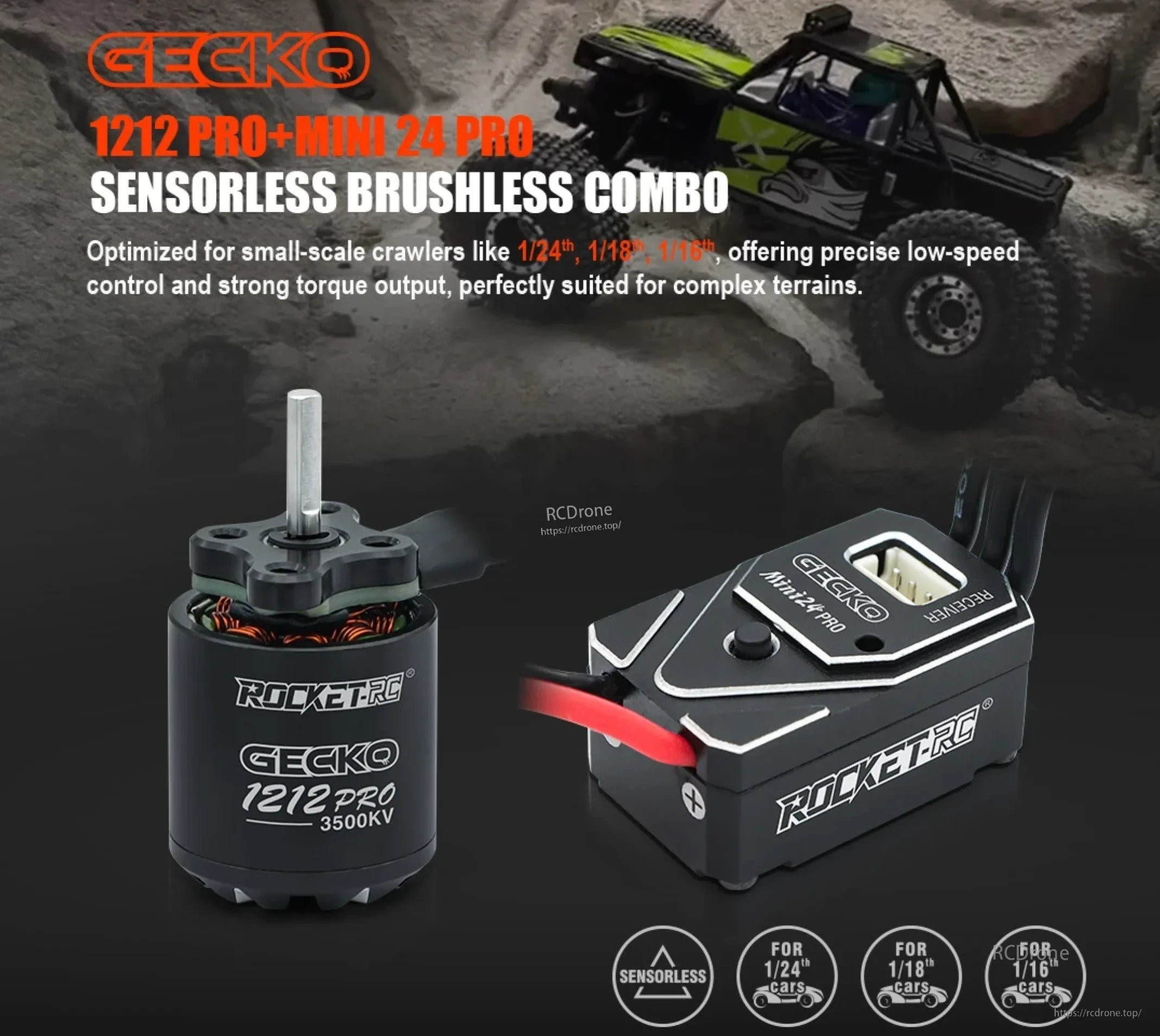 Rocket-RC GECKO 1212 PRO 3500KV motor and MINI24 PRO 15A ESC crawler power system