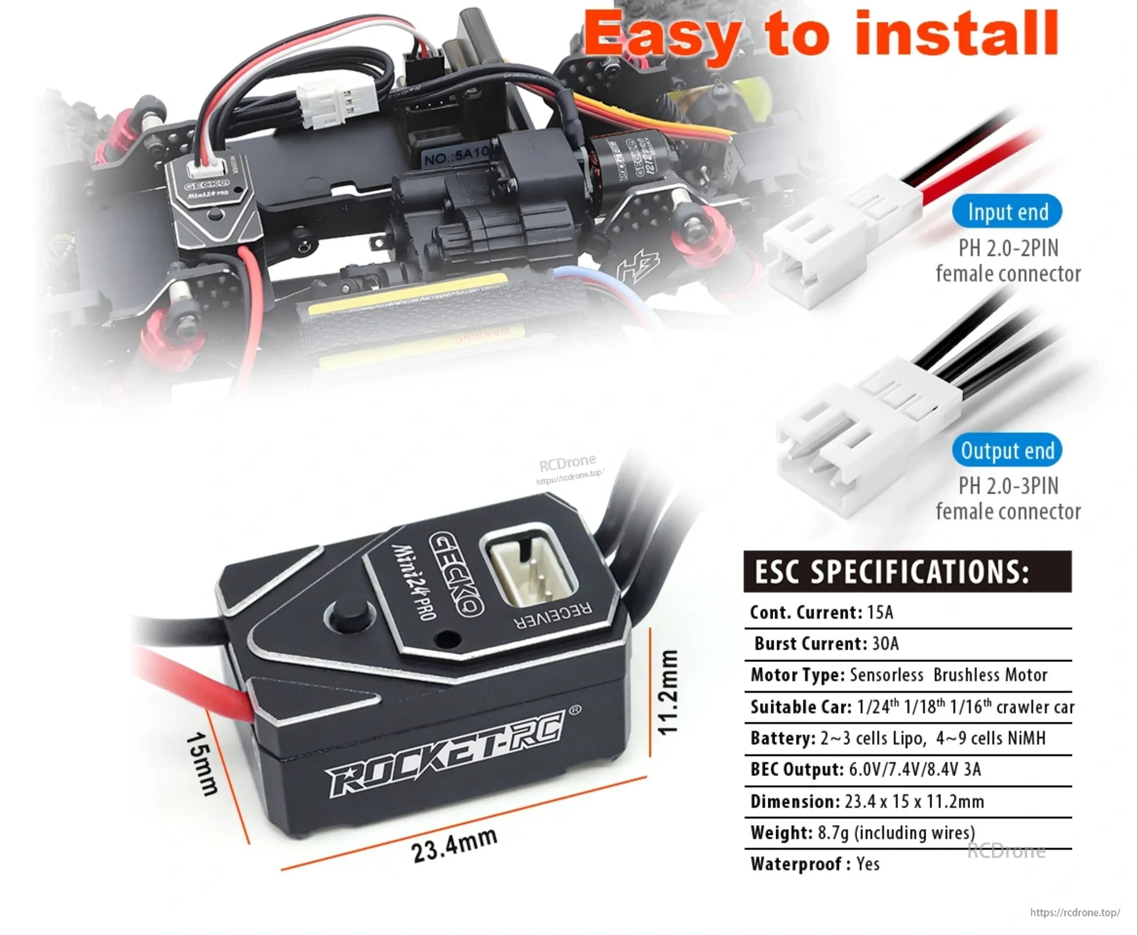 MINI24 PRO ESC dimensions, PH 2.0 connectors and installation layout for small RC crawlers