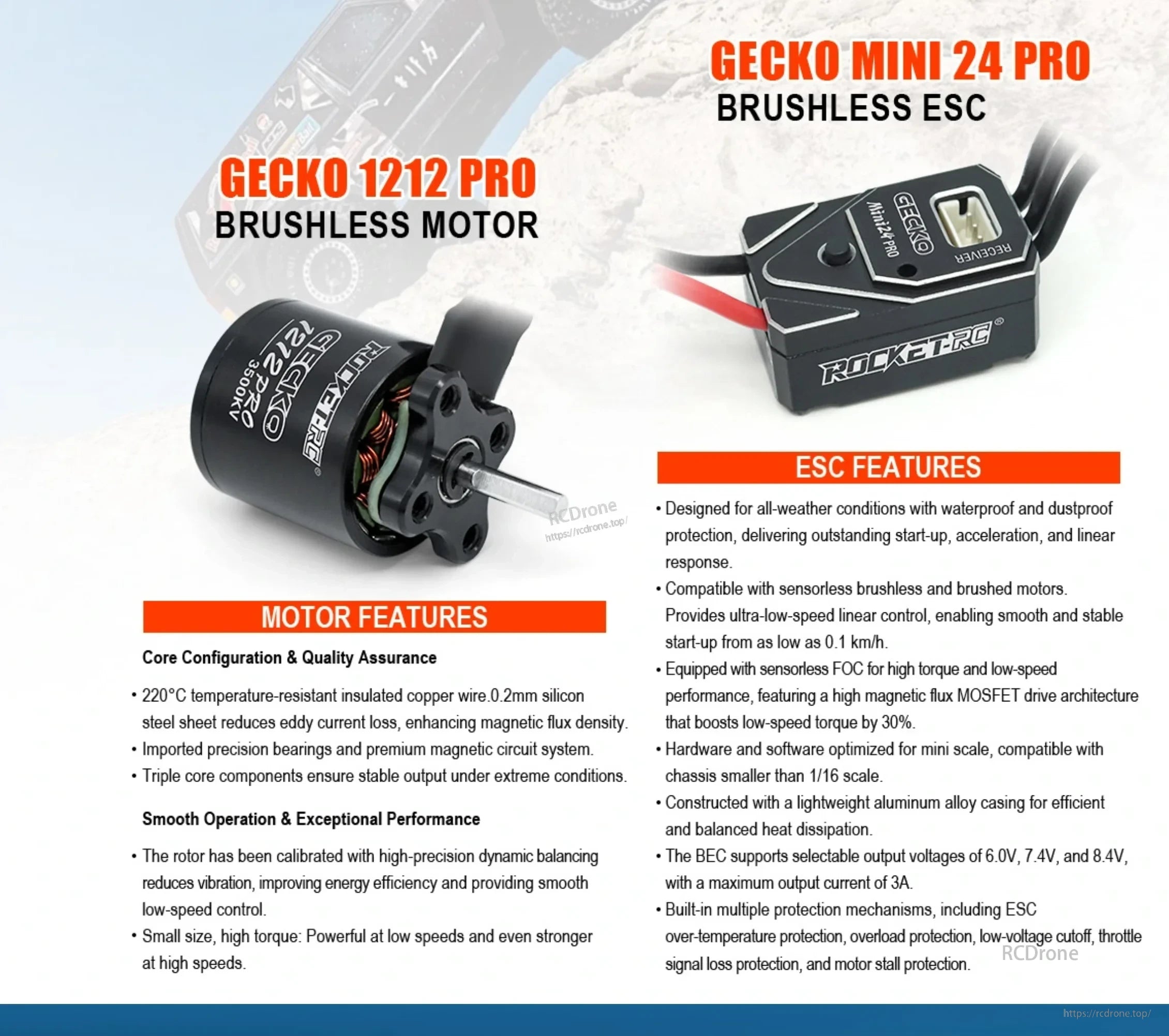 GECKO 1212 PRO brushless motor and MINI24 PRO ESC with key performance features