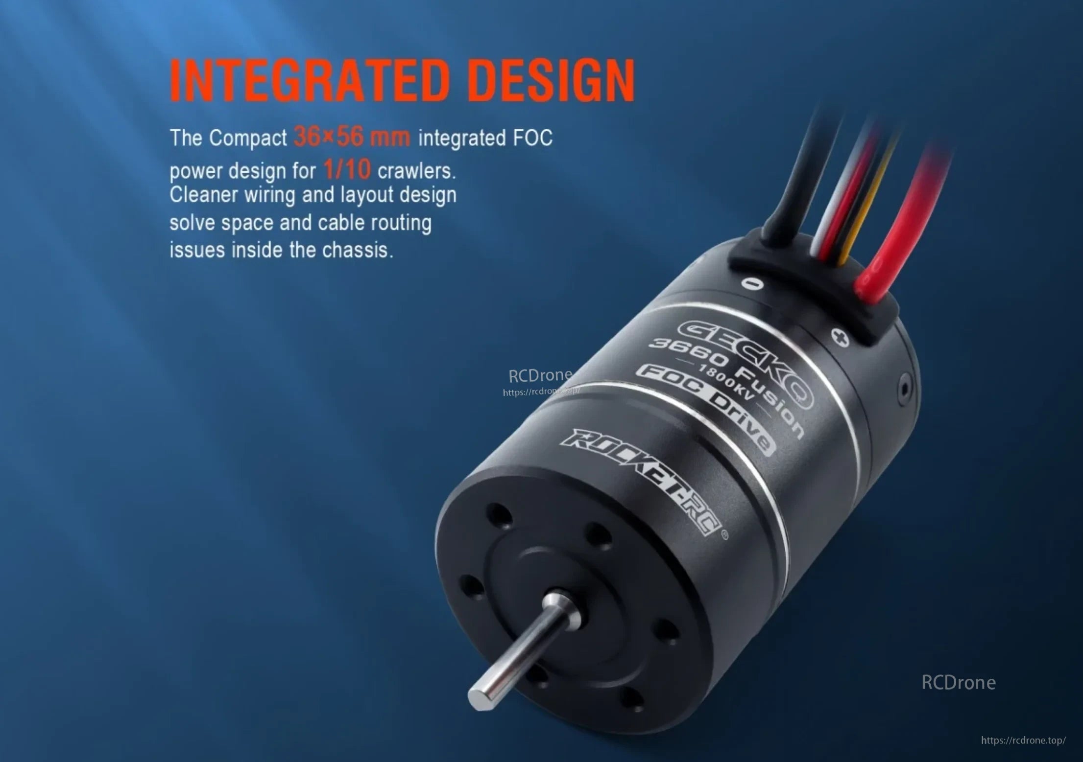 Compact GECKO 3660 Fusion motor and ESC assembly with output shaft and integrated wiring