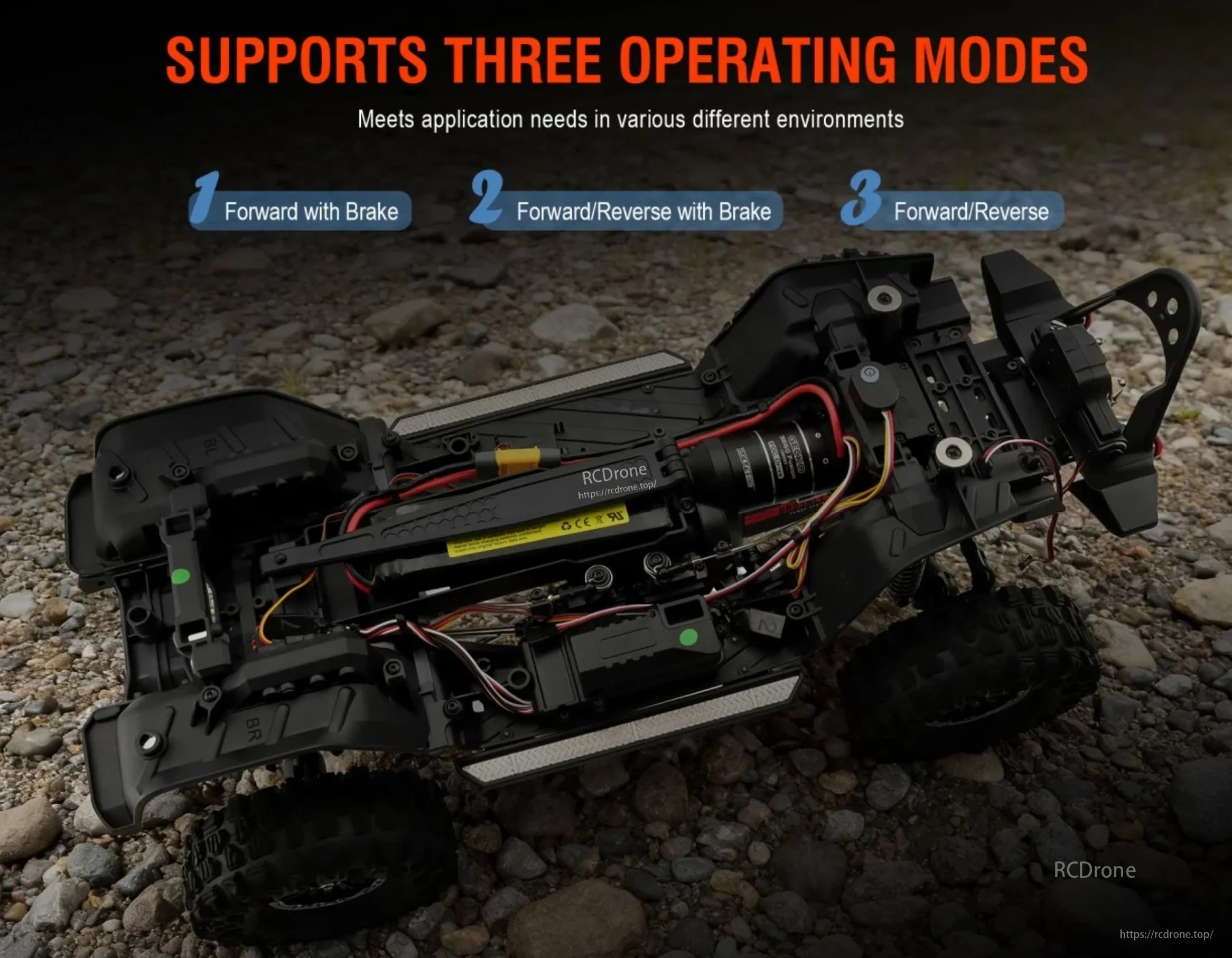 GECKO 3660 Fusion installed in a 1/10 crawler chassis with three selectable operating modes