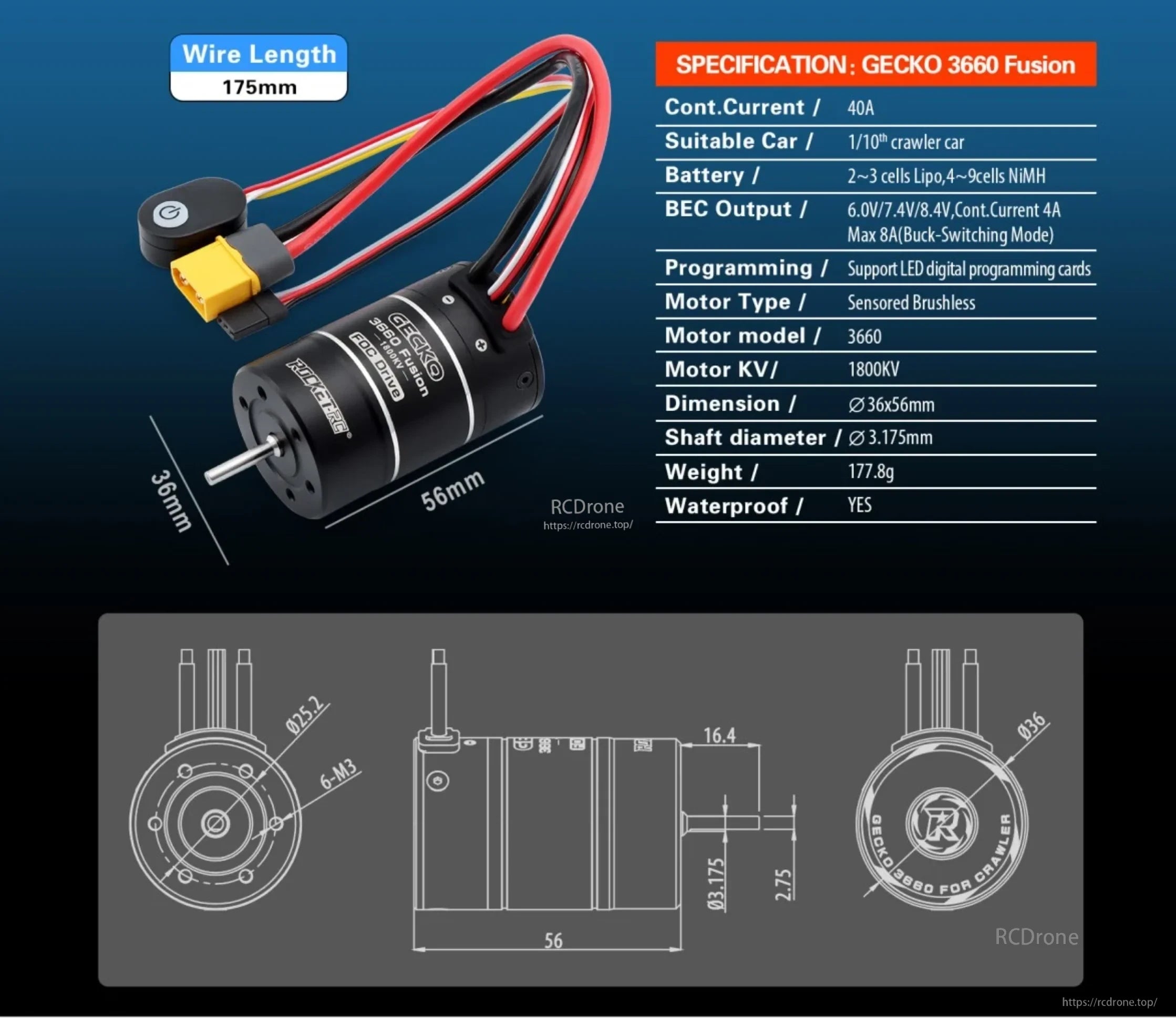 GECKO 3660 Fusion 36 x 56 mm dimensions, 175 mm wire length and specification chart