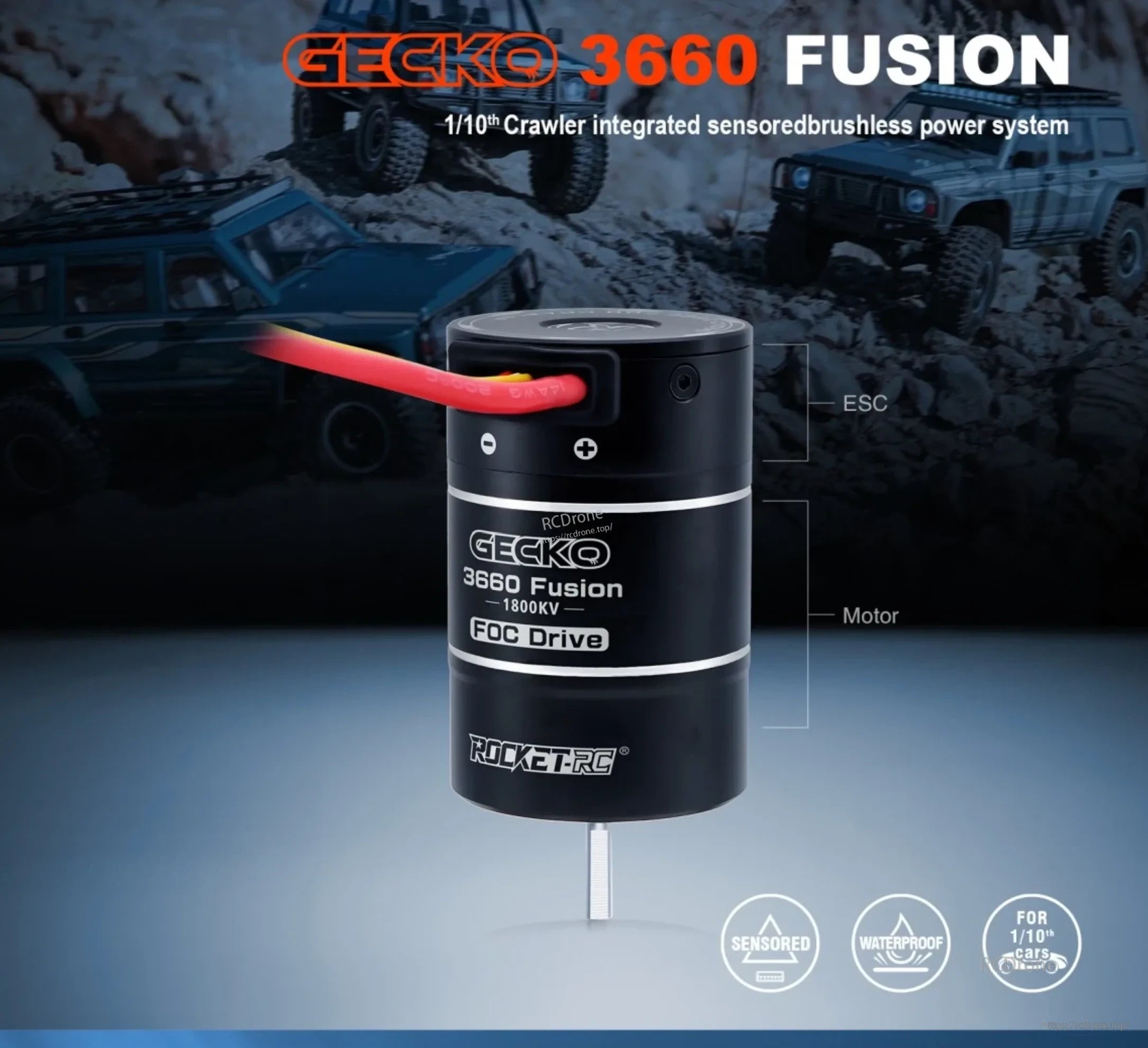 Rocket-RC Gecko 3660 Fusion 1800KV 2-in-1 FOC motor and 40A ESC for 1/10 crawlers