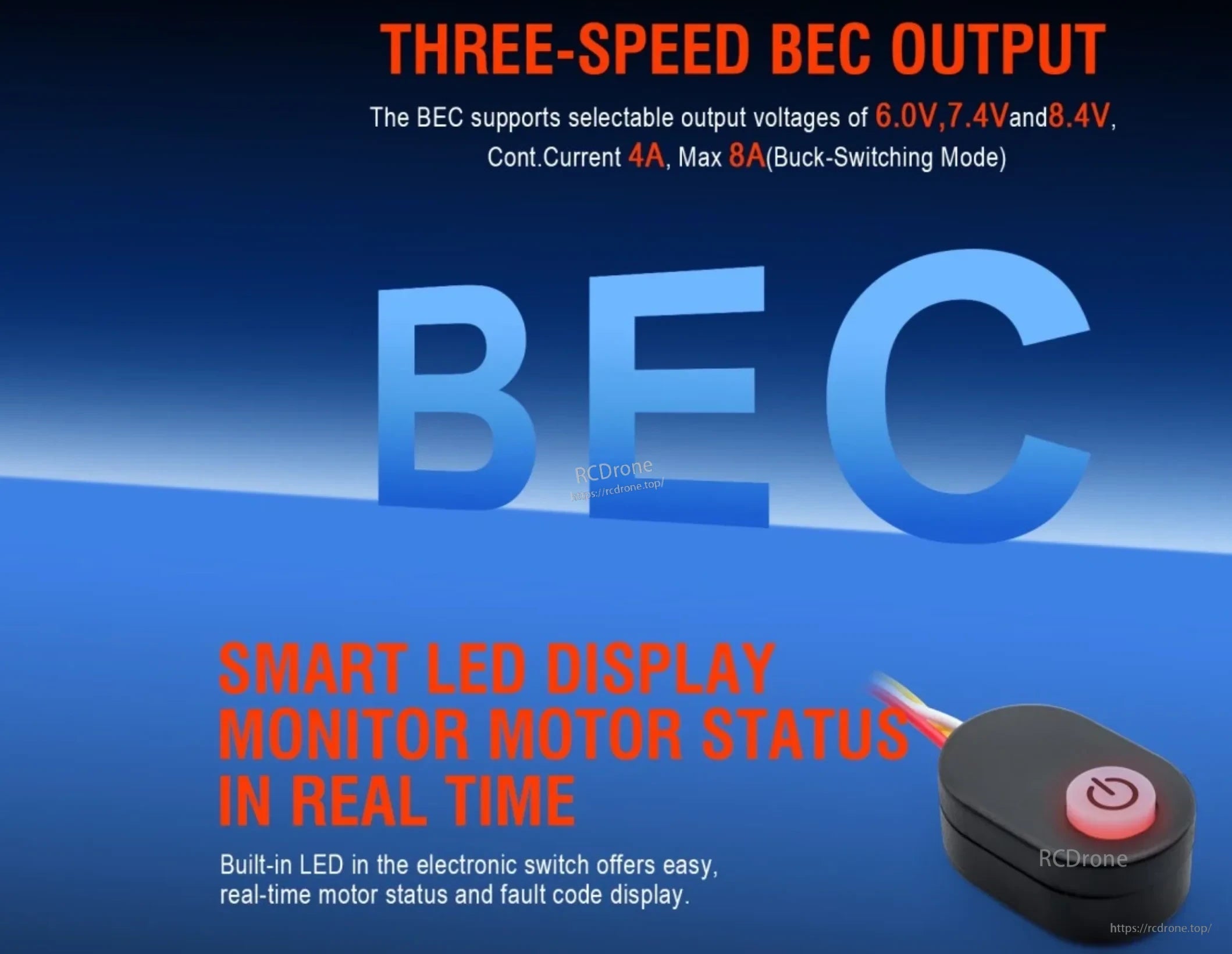 Selectable 6.0V, 7.4V, and 8.4V BEC output with LED power switch for status indication