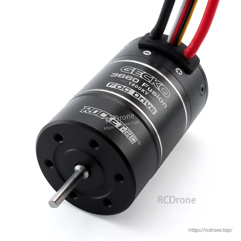 Angled output shaft view of Gecko 3660 Fusion 1800KV FOC Drive motor