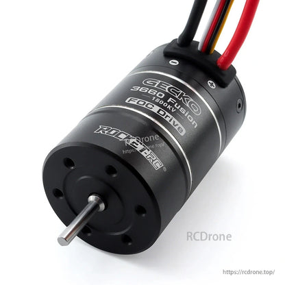 Angled output shaft view of Gecko 3660 Fusion 1800KV FOC Drive motor