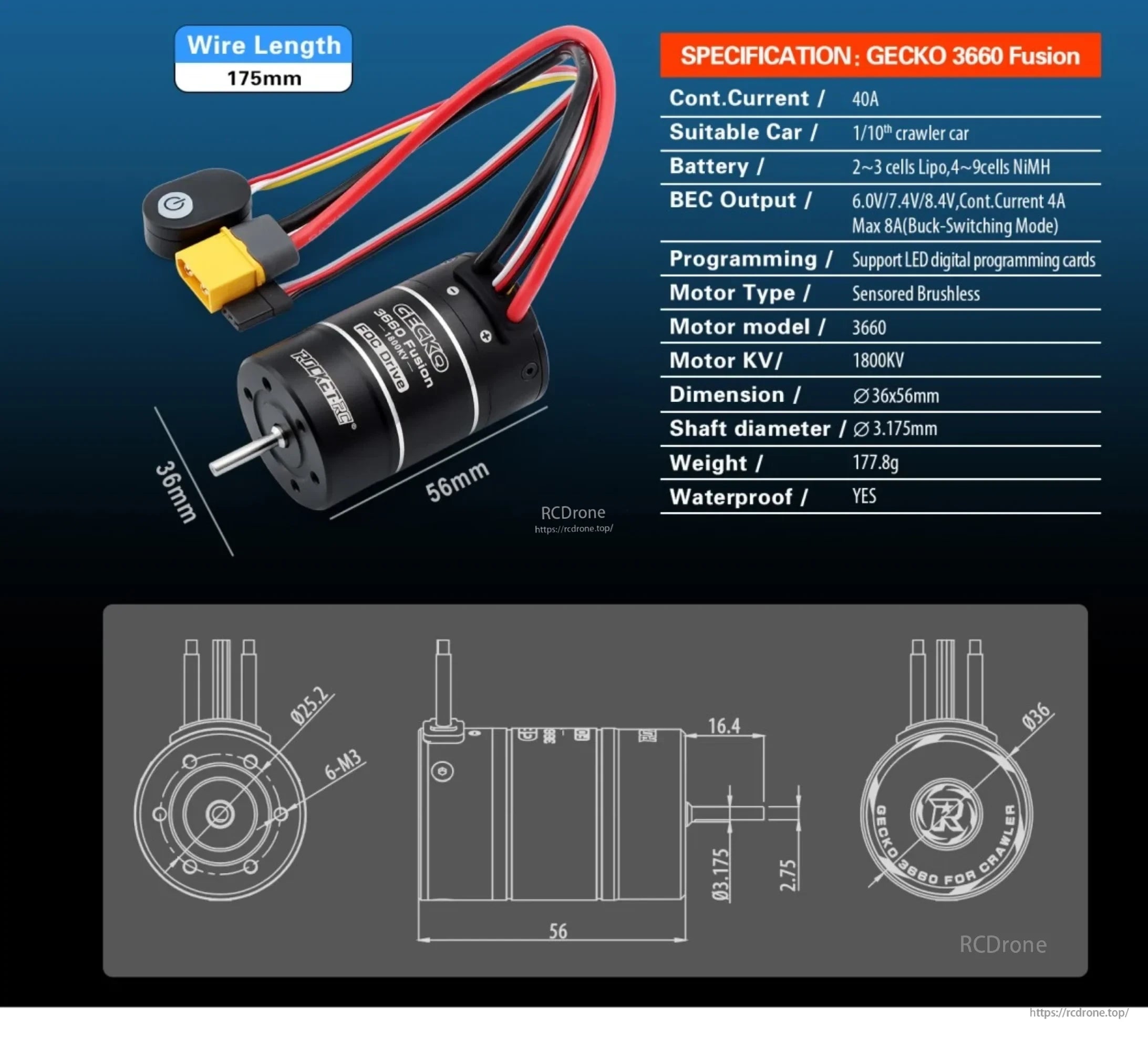 Gecko 3660 Fusion dimensions, 175 mm wire length, connector leads, and specification chart