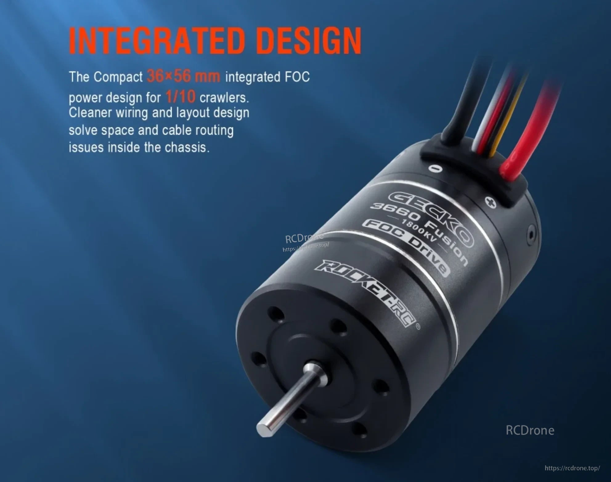 Compact Gecko 3660 Fusion integrated motor and ESC with power and signal wiring