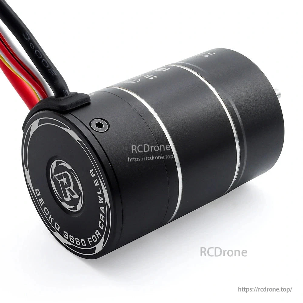 Rear end cap of the Gecko 3660 FOC crawler motor with Rocket-RC emblem