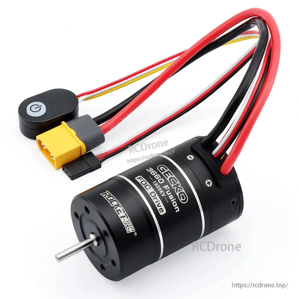 Gecko 3660 Fusion motor with red and black power leads, yellow connector, and button module