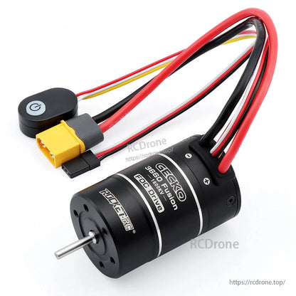 Gecko 3660 Fusion motor with red and black power leads, yellow connector, and button module