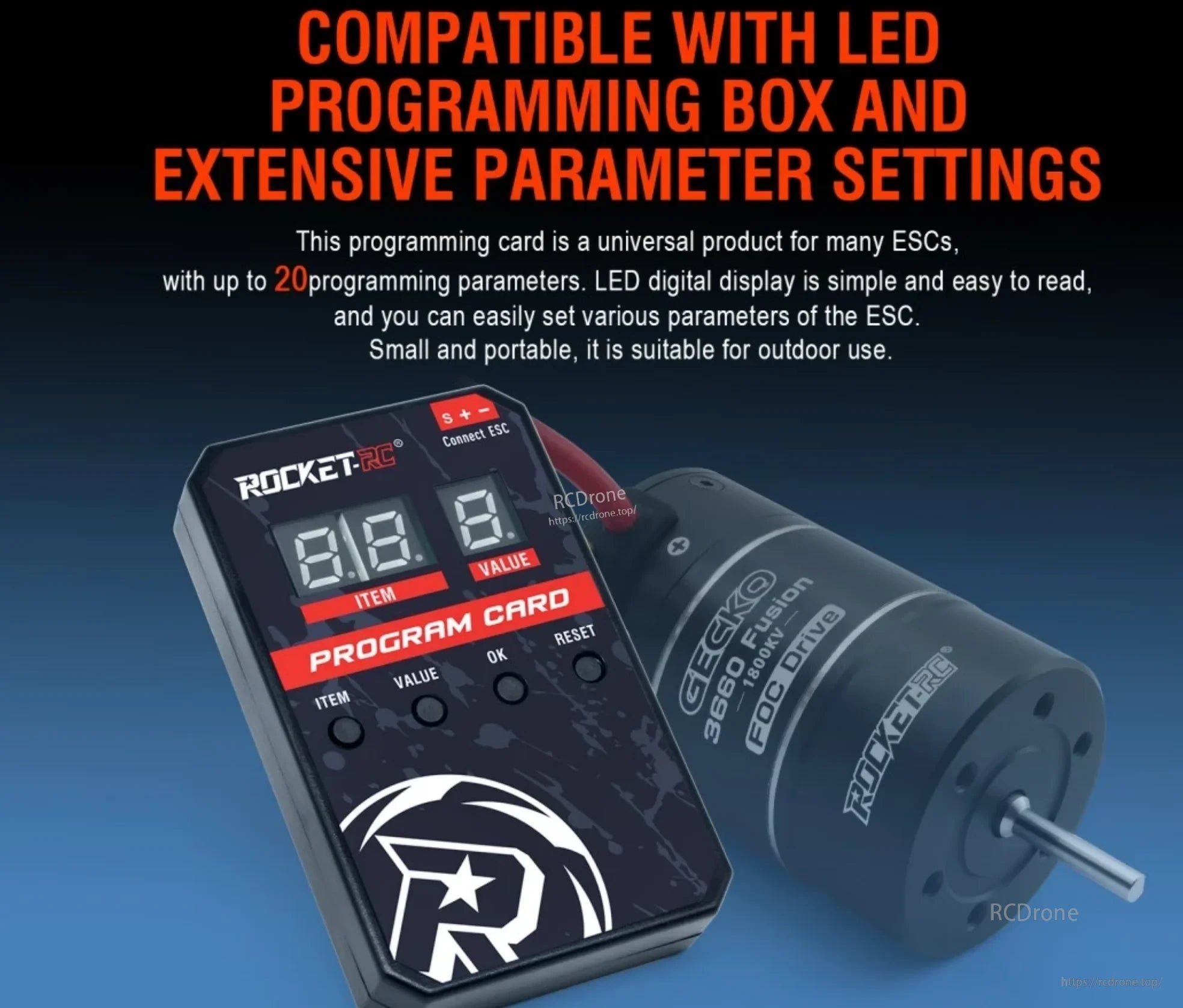 Rocket-RC LED programming card beside the Gecko 3660 Fusion motor and ESC system