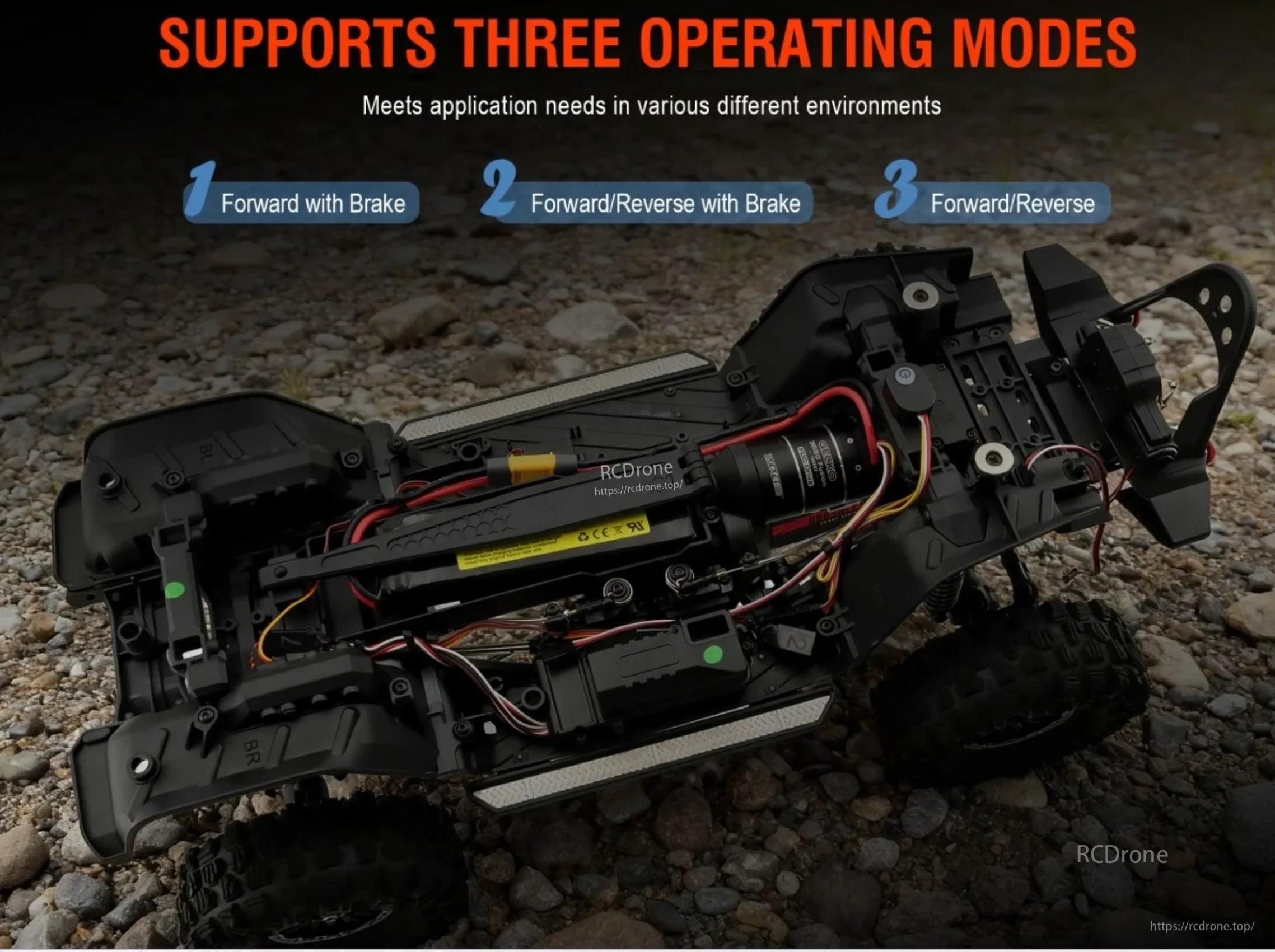 Gecko 3660 Fusion installed in a 1/10 RC crawler chassis with three selectable drive modes