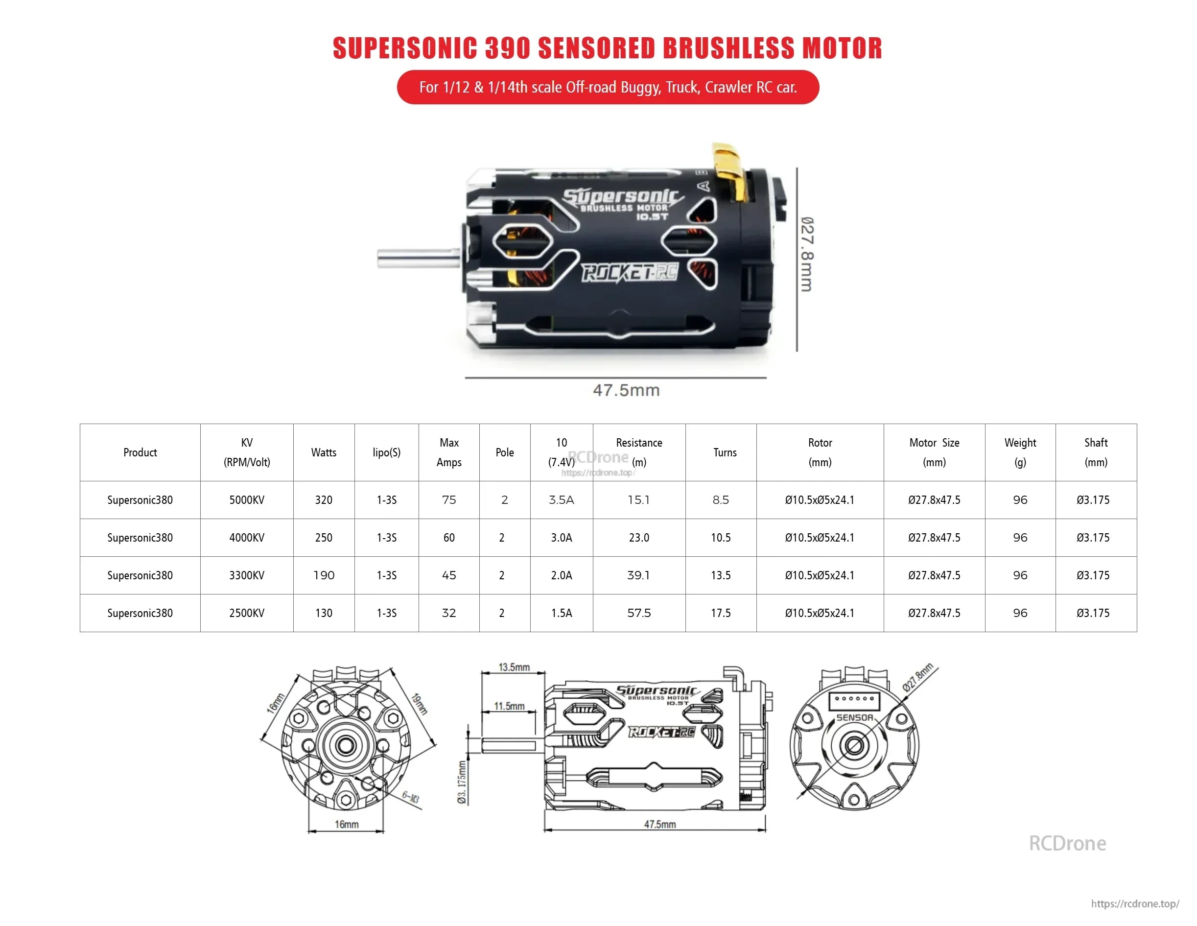 Supersonic 380 sensored brushless motor dimensions and 8.5T, 10.5T, 13.5T, and 17.5T wind options