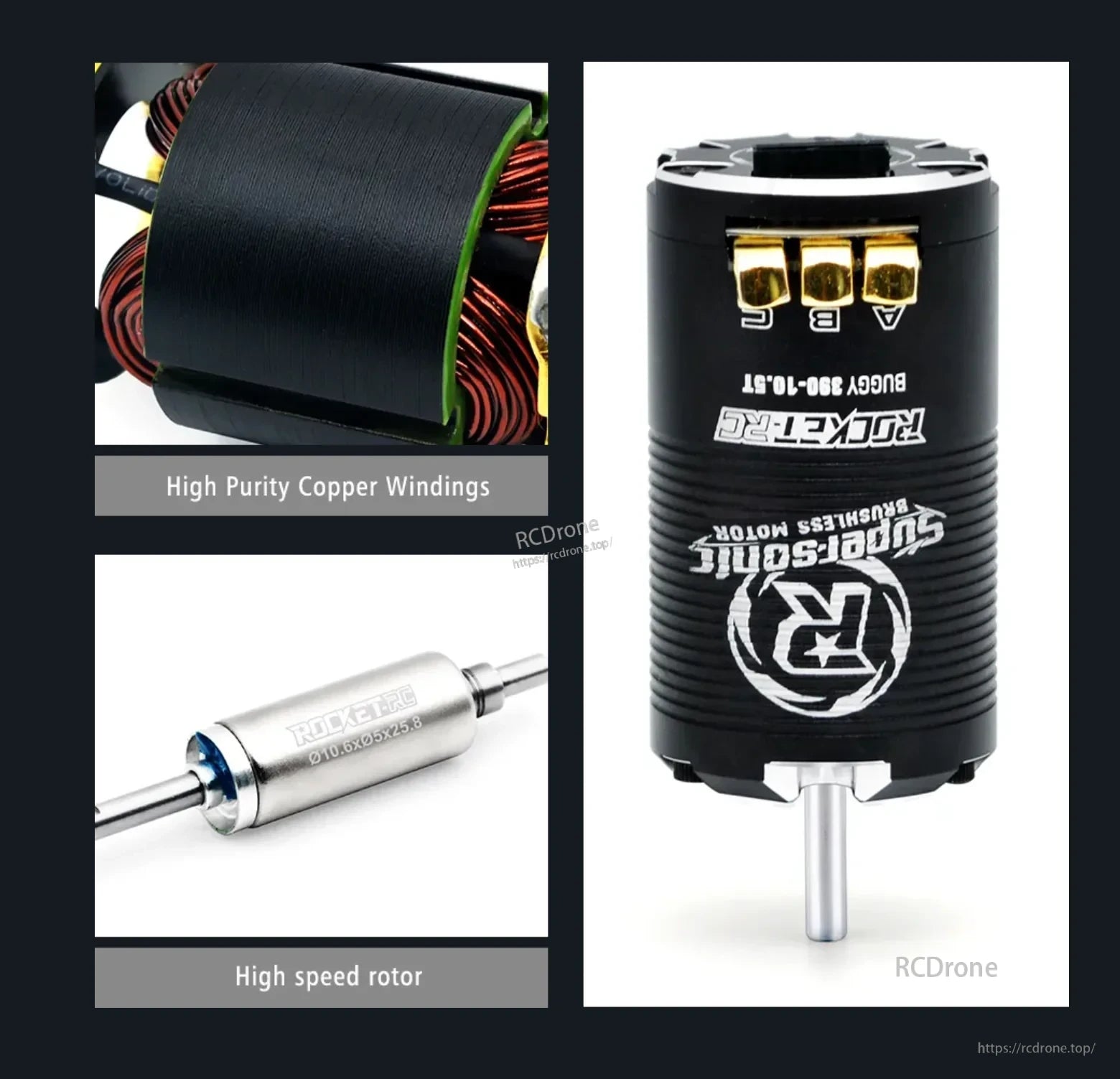 Supersonic 380 motor with high-purity copper windings, high-speed rotor, and A-B-C solder tabs