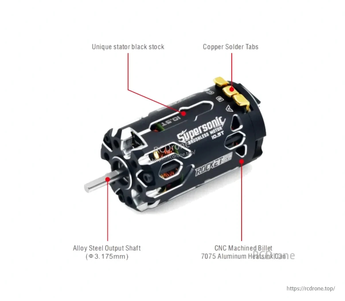 Rocket-RC Supersonic 380 motor with 7075 aluminum heatsink housing and 3.175 mm steel output shaft