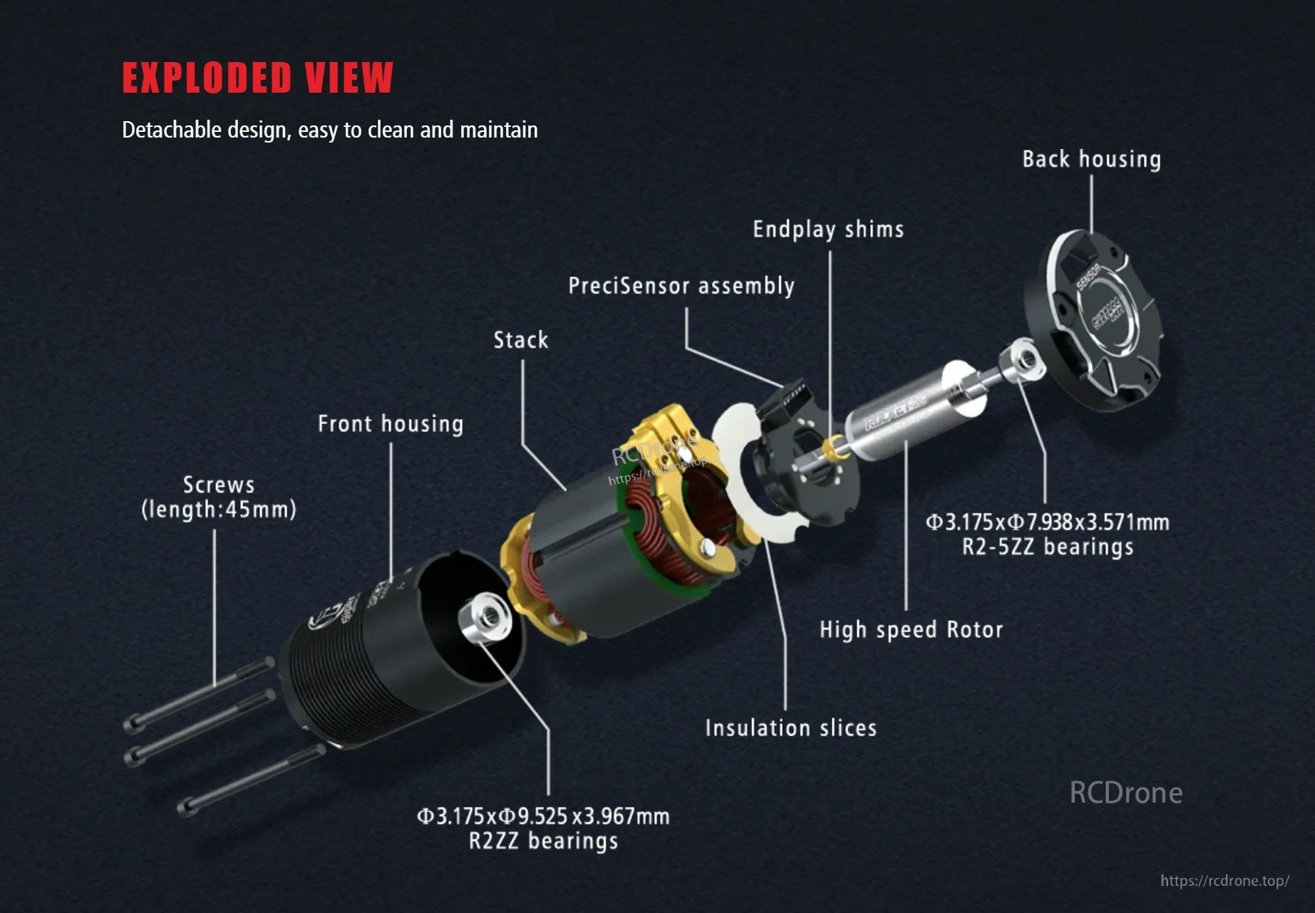 Exploded Rocket-RC Supersonic 380 motor with sensor assembly, rotor, bearings, and removable housing