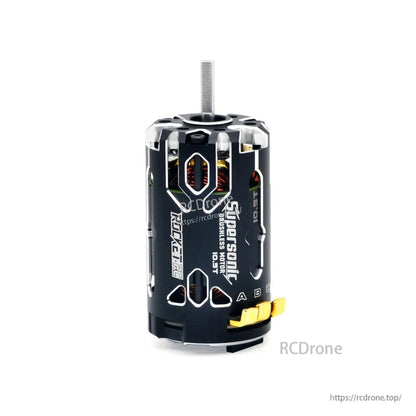 Supersonic 380 brushless motor upright rear view with gold terminals and vent openings
