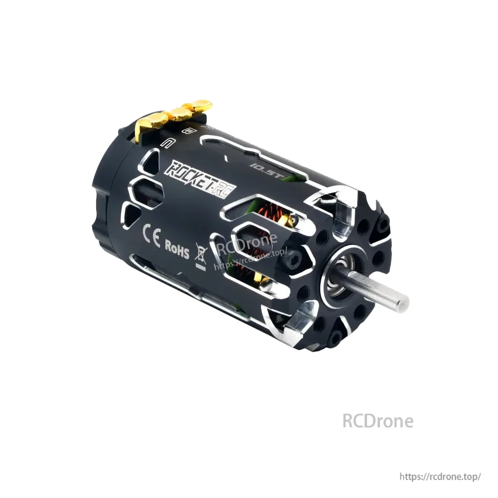 Rocket-RC Supersonic 380 motor angled view with CE and RoHS markings on housing