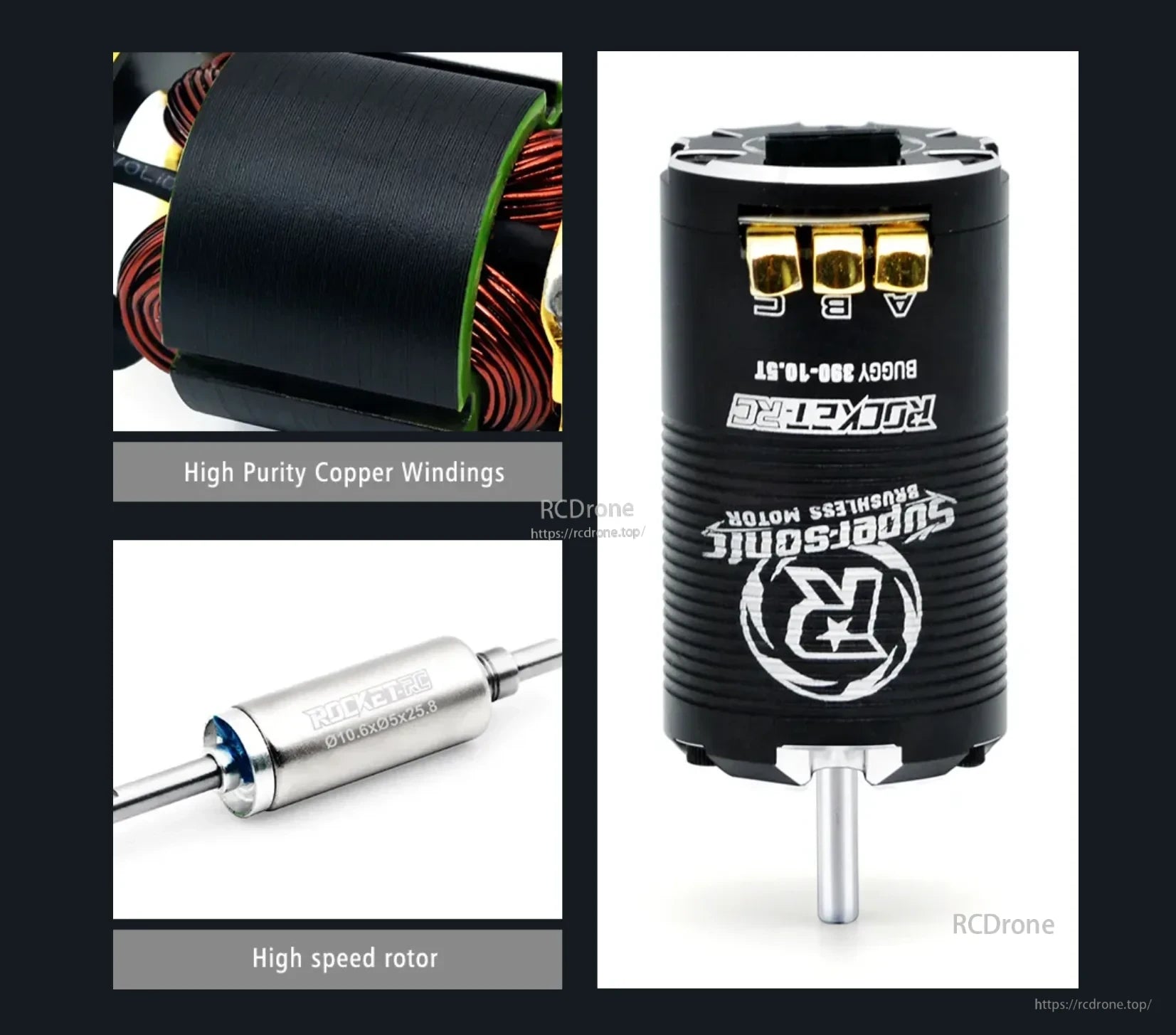 High-purity copper windings, high-speed rotor, and three gold-plated solder tabs