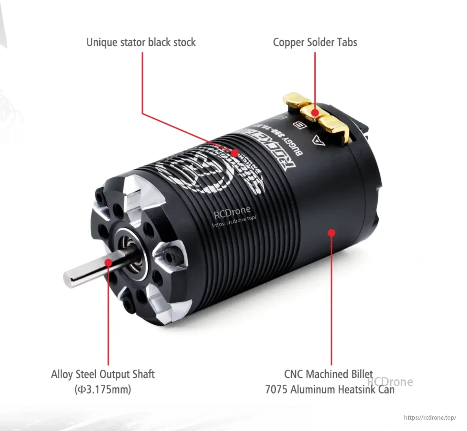 390 brushless motor highlighting 7075 aluminum heatsink can and 3.175 mm output shaft