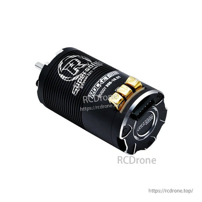 Angled side view of black finned motor housing with sensor-end connector