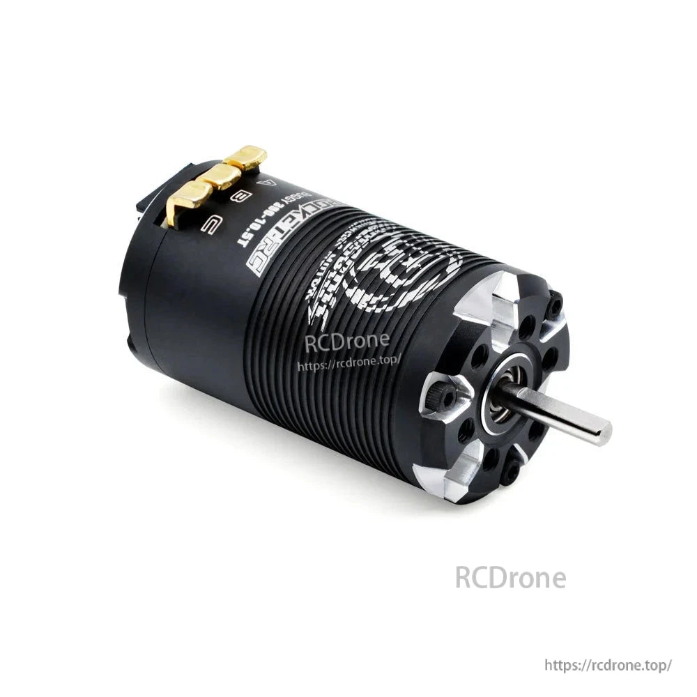 Three-quarter view of compact black brushless motor with protruding output shaft