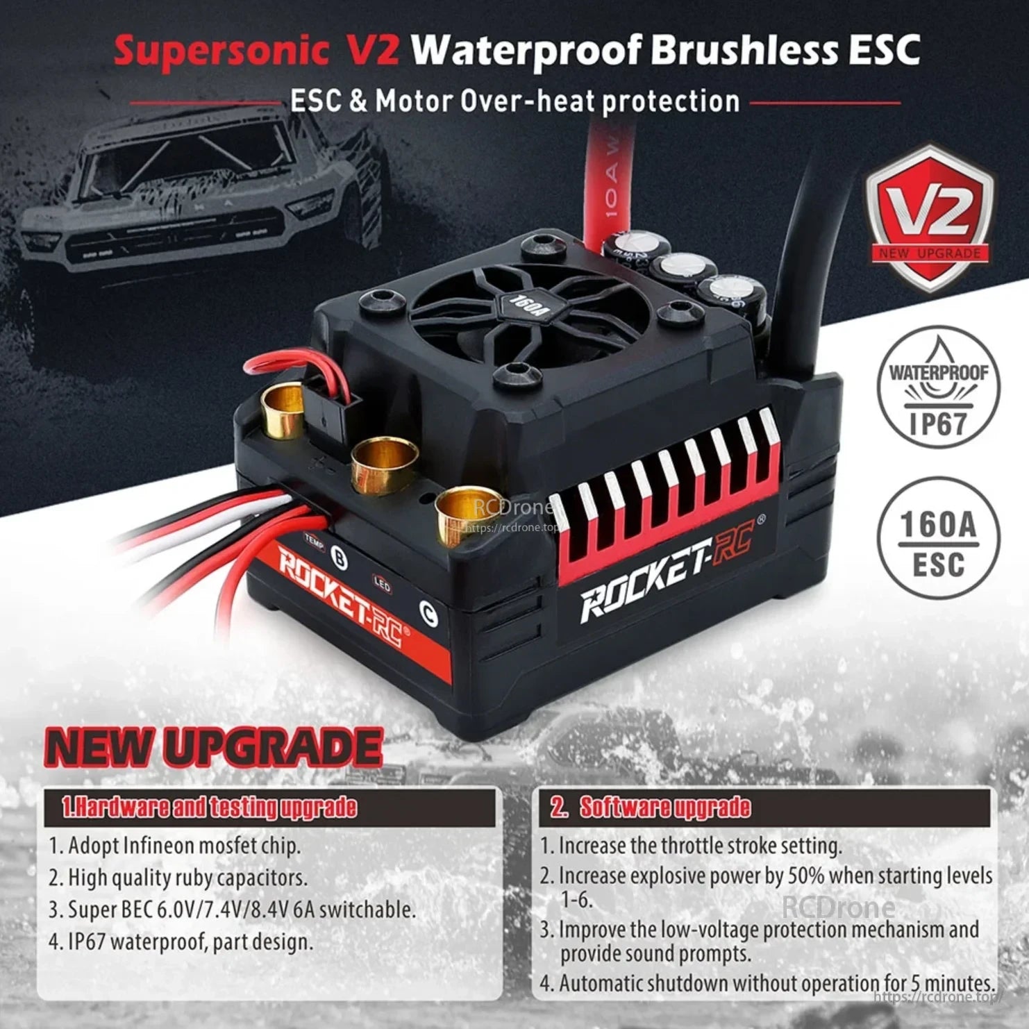Rocket-RC Supersonic V2 160A waterproof brushless ESC with cooling fan and motor connectors