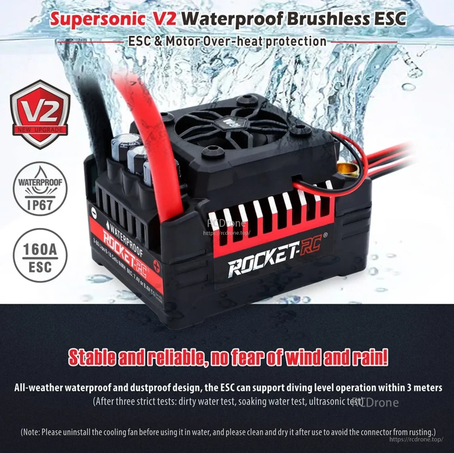 Supersonic V2 160A ESC with IP67 waterproof housing, cooling fan, and heavy-gauge battery lead