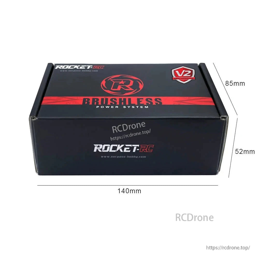 Rocket-RC V2 brushless power system retail box with 140 by 85 by 52 mm dimensions