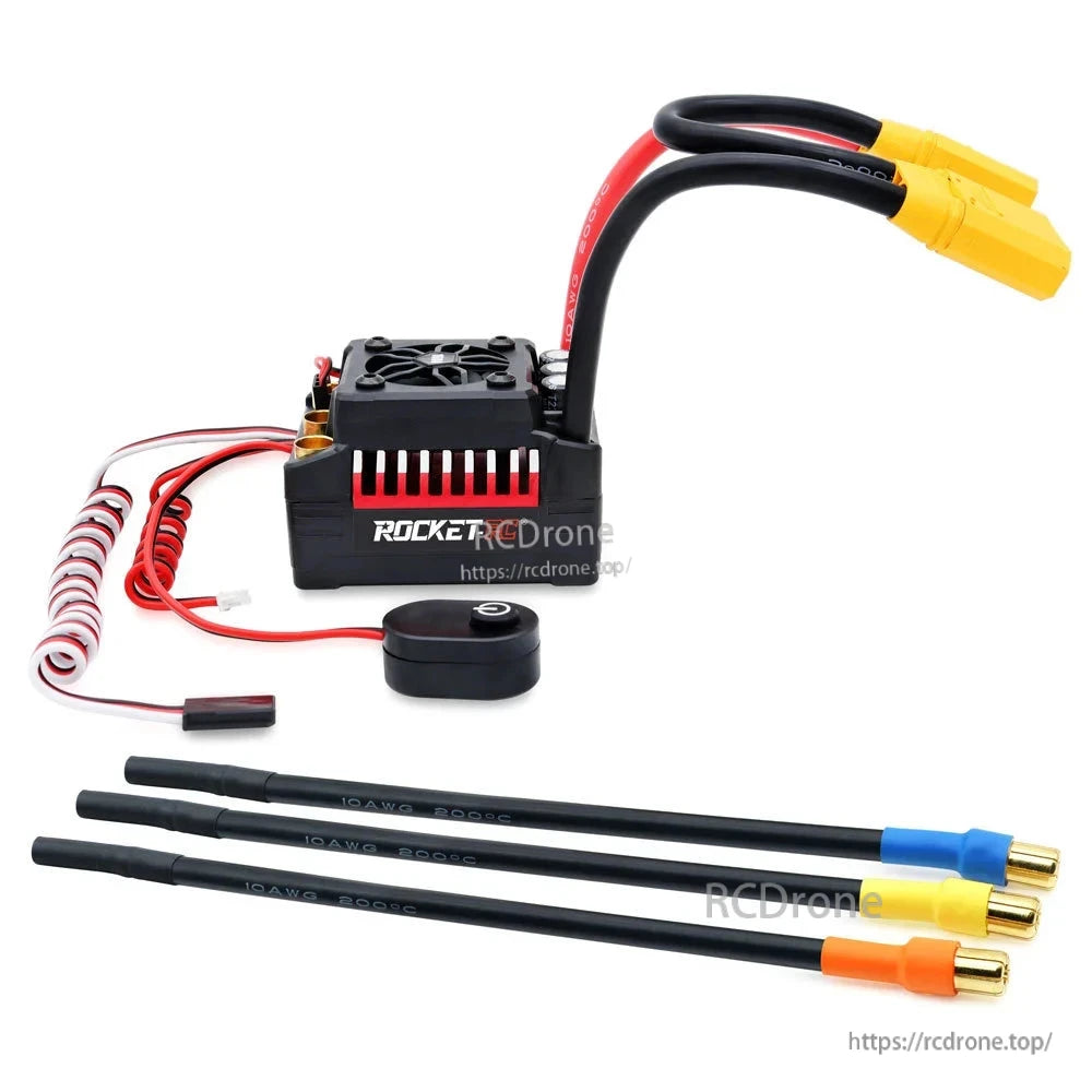 Rocket-RC ESC shown with three color-marked motor connection wires and power switch