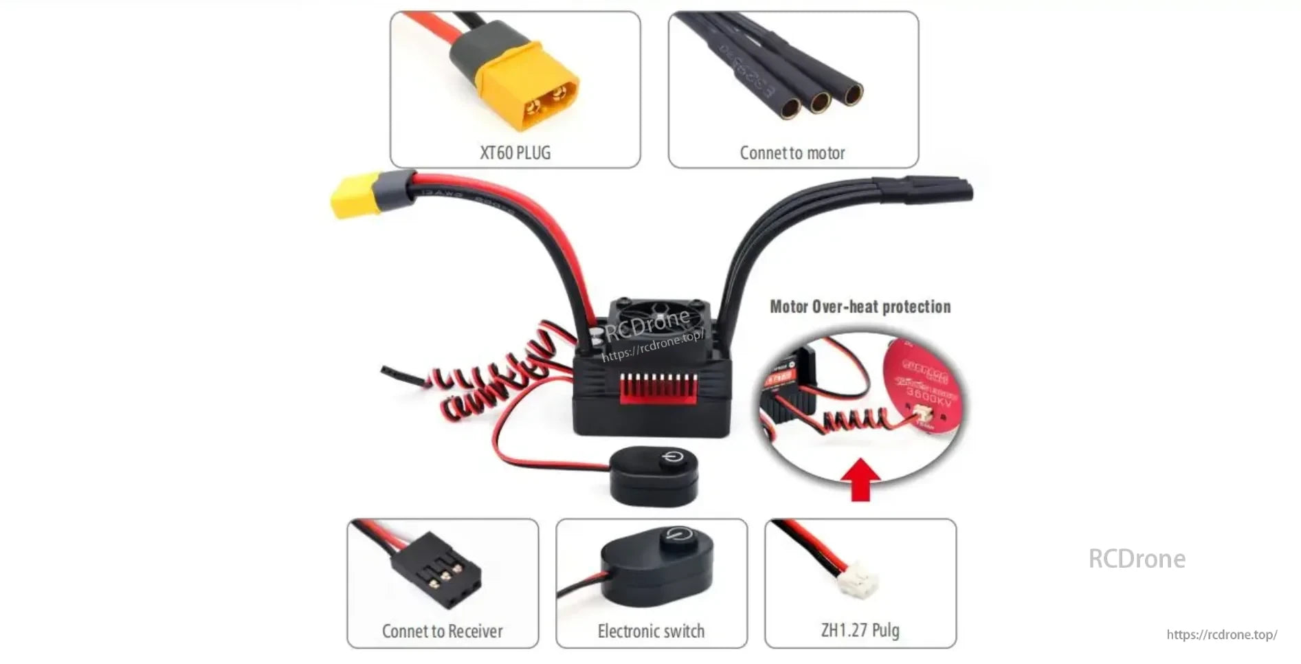 Supersonic V2 ESC wiring leads with XT60 battery plug, motor connectors, receiver lead, and switch
