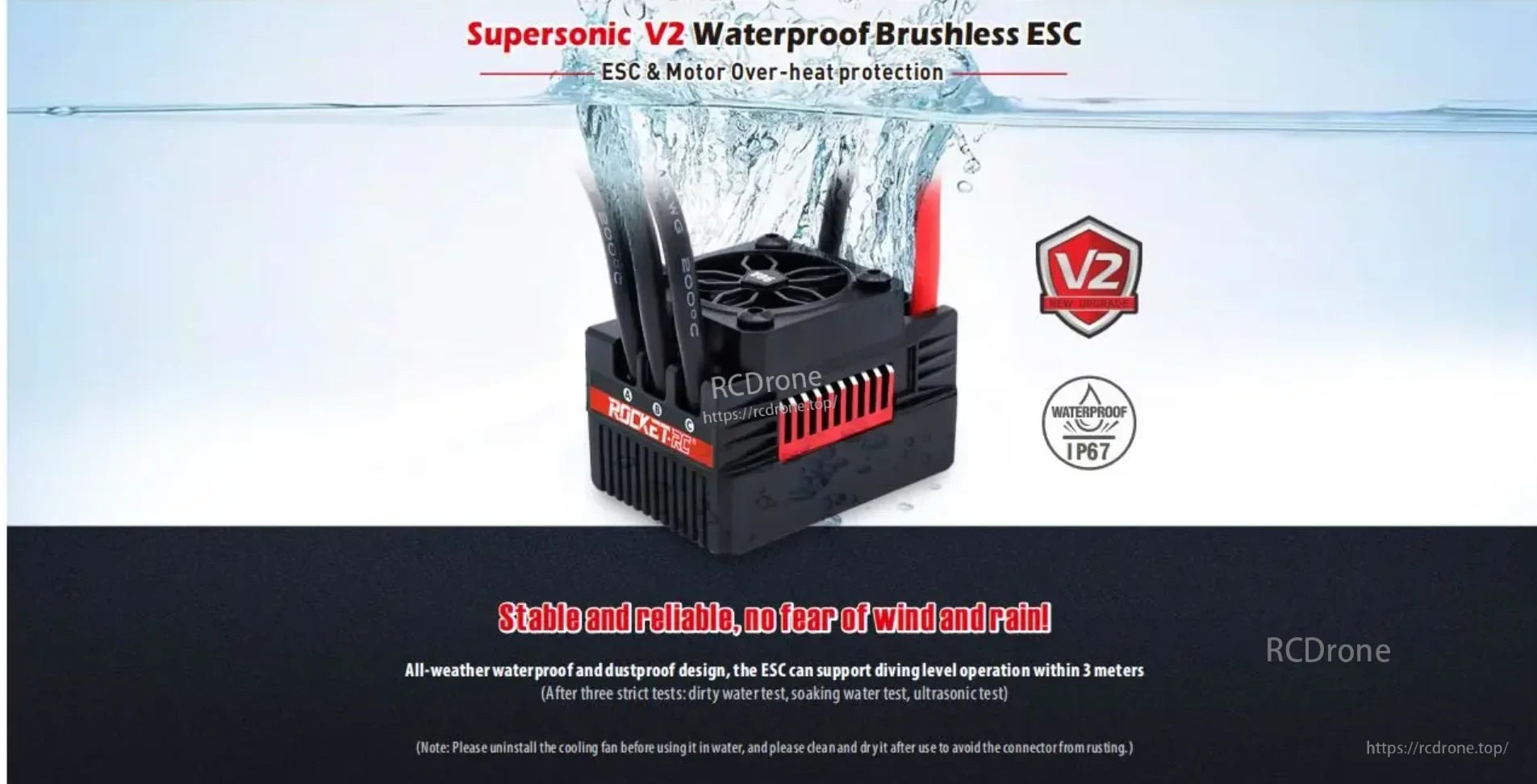 Supersonic V2 waterproof brushless ESC with IP67 protection and ESC and motor overheat protection