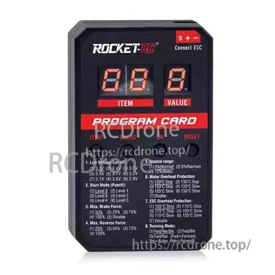 Rocket-RC program card with digital display and labeled ESC setting controls