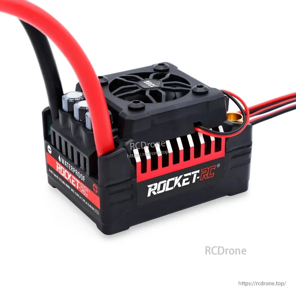 Waterproof brushless ESC angled view with cooling fan, power leads and motor ports