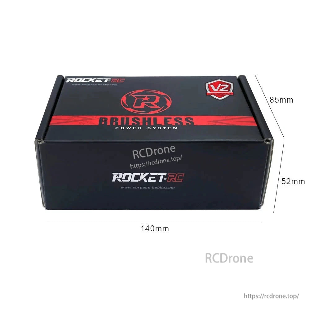Rocket-RC V2 brushless power system retail box with 140 x 85 x 52 mm dimensions