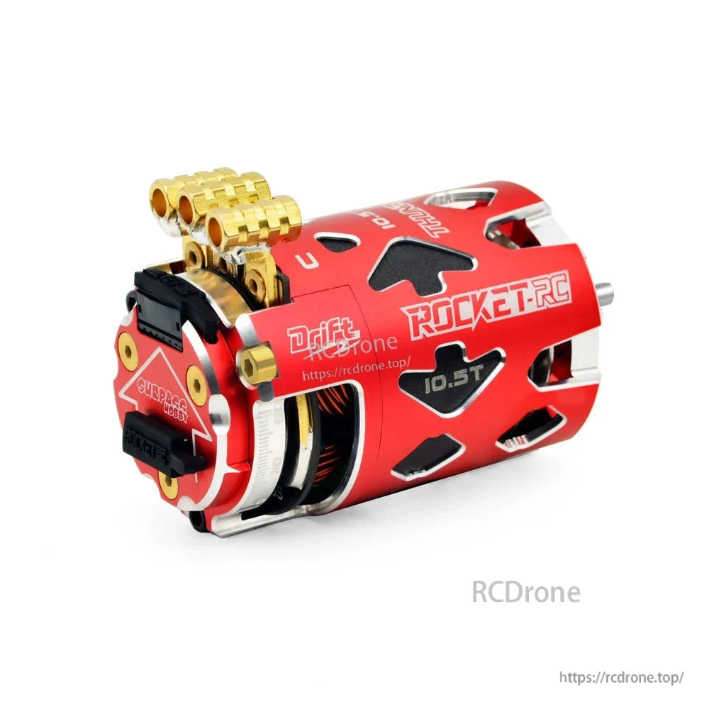 Red 10.5T Rocket-RC Thunder drift motor angled view with vented can and sensor connector