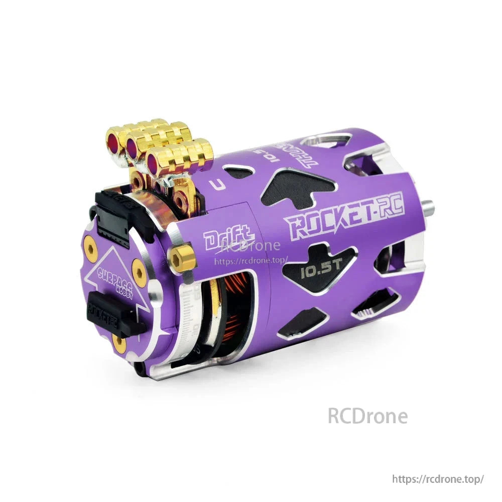 Purple 10.5T Thunder 540 drift motor angled view with vented aluminum can and terminals