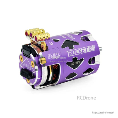 Purple 10.5T Thunder 540 drift motor angled view with vented aluminum can and terminals