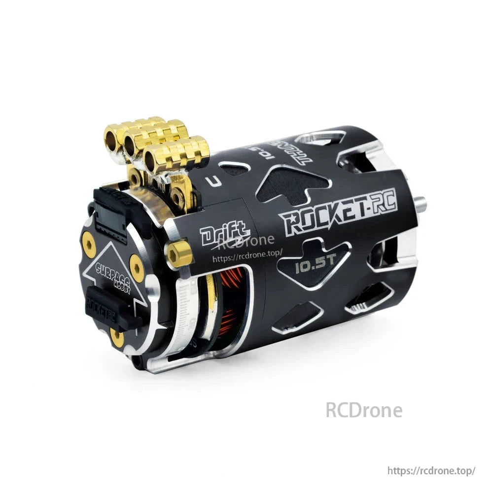Black 10.5T Rocket-RC Thunder drift motor angled view with sensor port and phase terminals